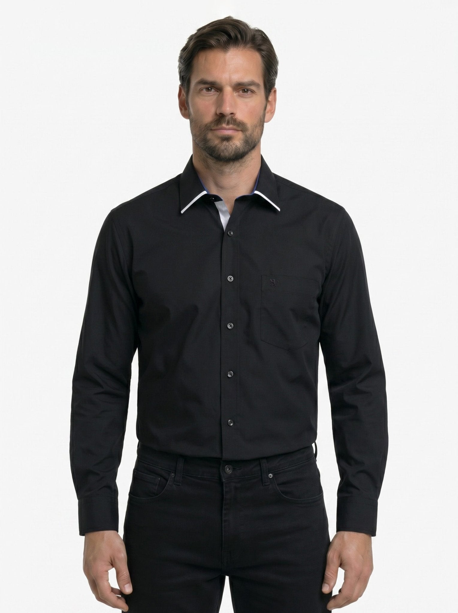 Manchester Camisa de Vestir Lisa Corte Slim Fit Cuello Roma color negro para hombre