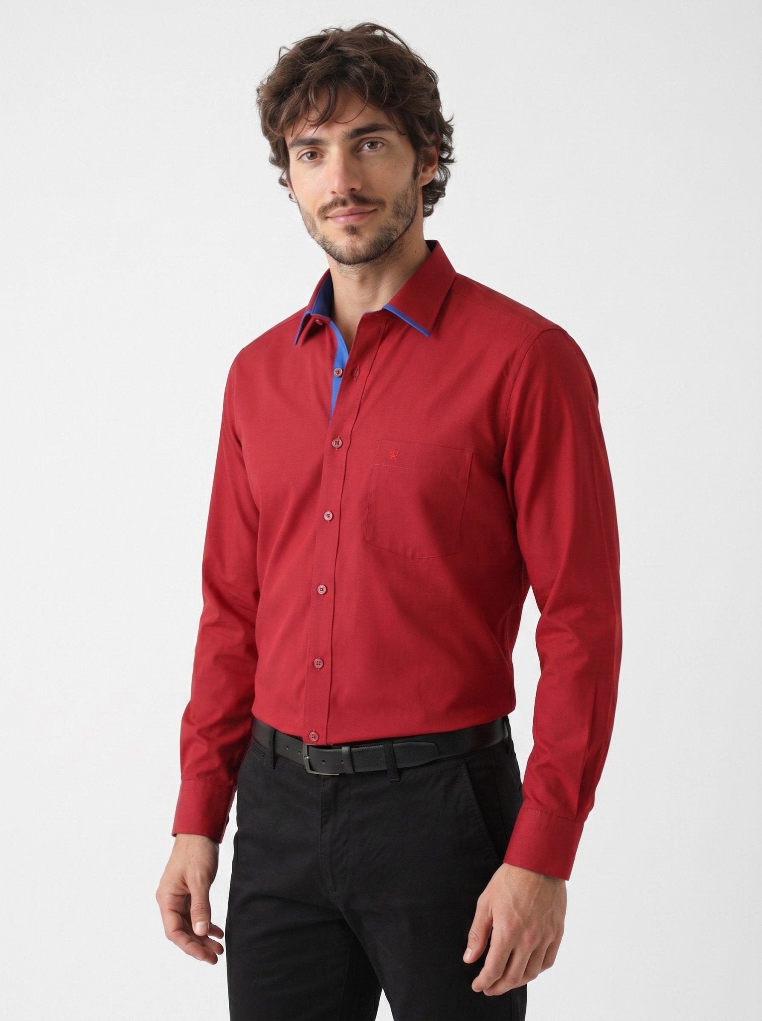 Manchester Camisa de Vestir Lisa Corte Slim Fit Cuello Roma color vino para hombre