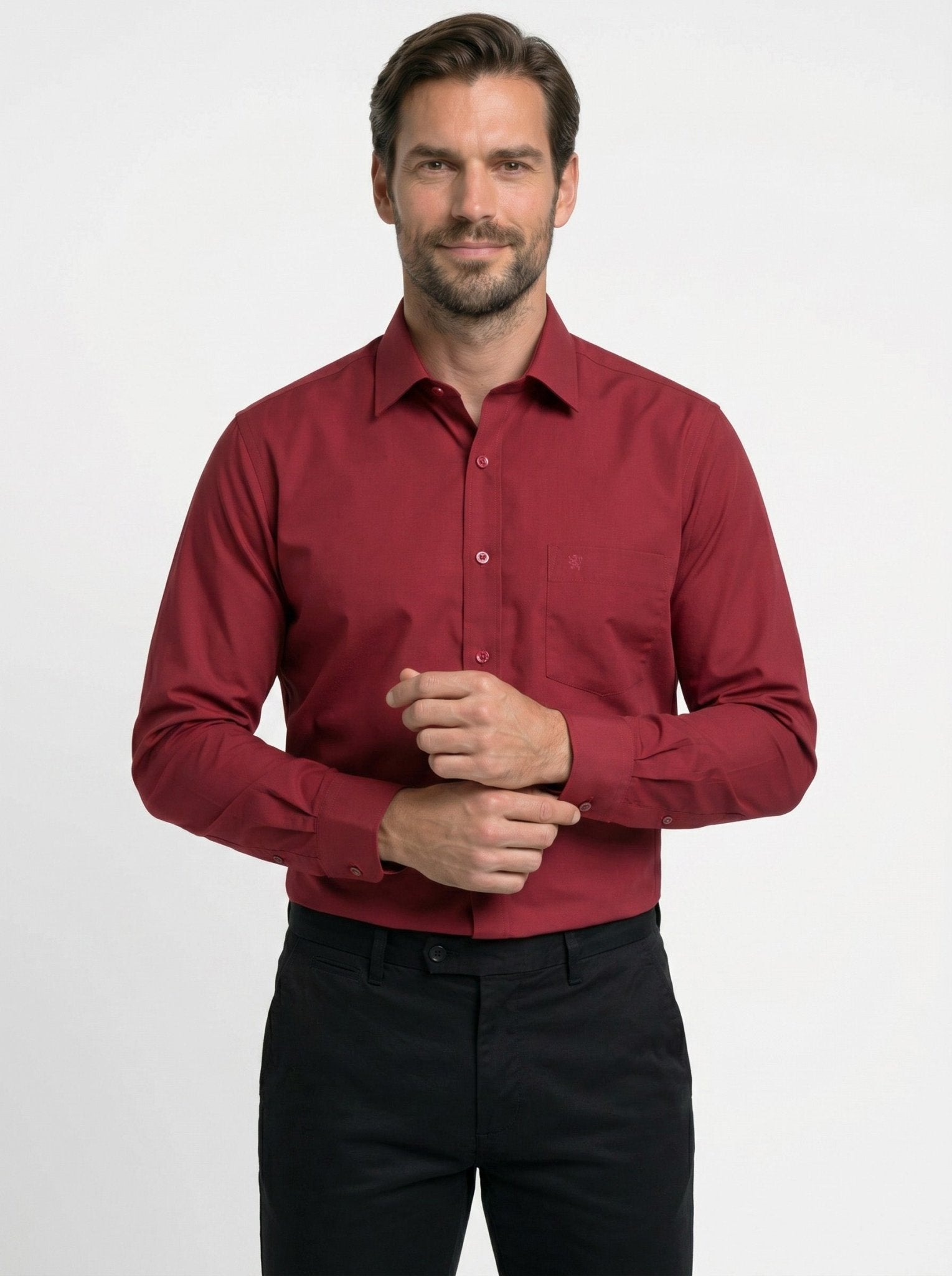 Manchester Camisa de Vestir Lisa Slim Fit con Puño Convertible y Un Bolsillo Mezcla Algodón color vino para hombre