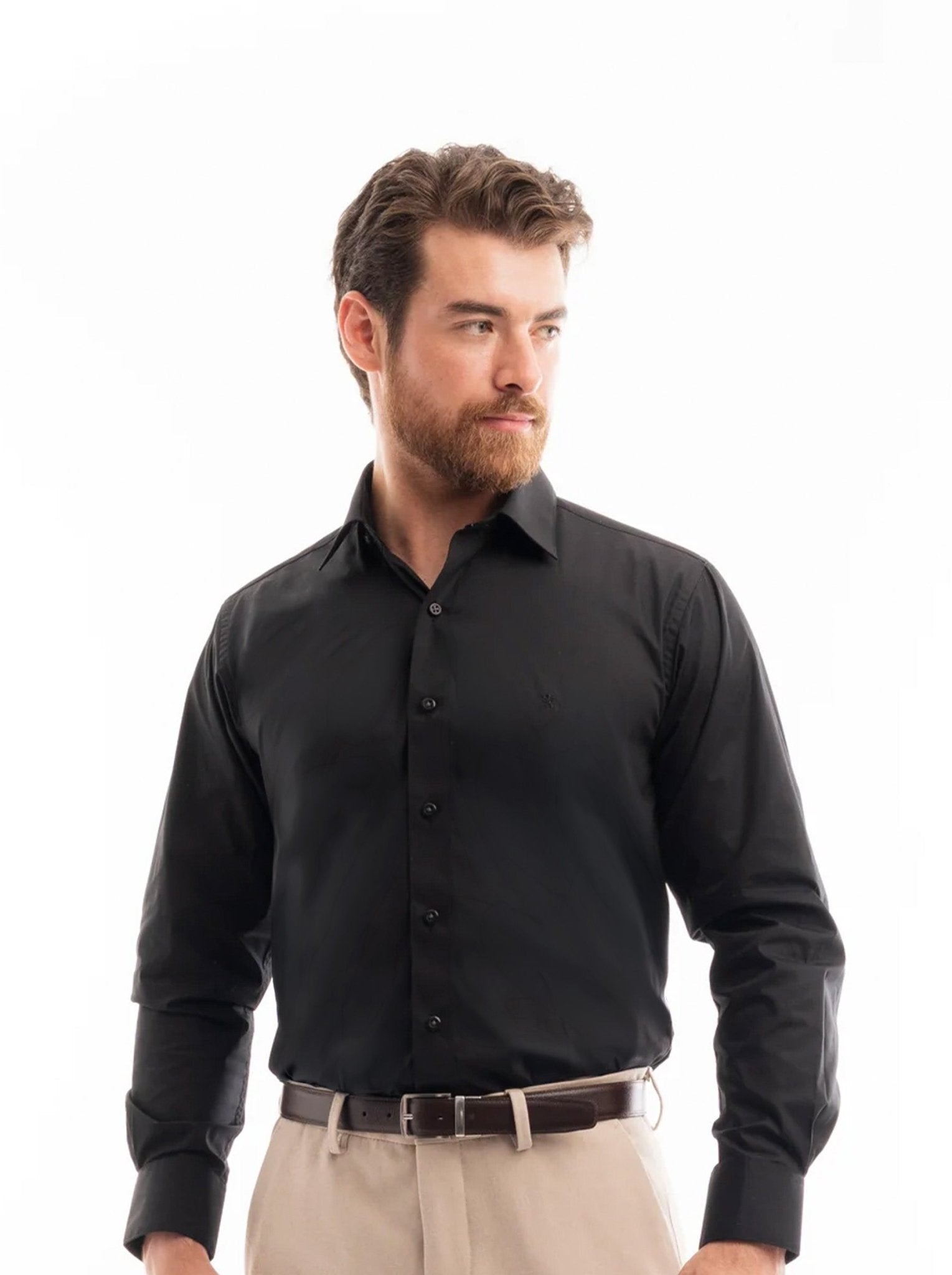 Manchester Camisa de Vestir Slim Fit con Cuello Ajustable y Puño Convertible de Algodón y Poliéster color negro para hombre