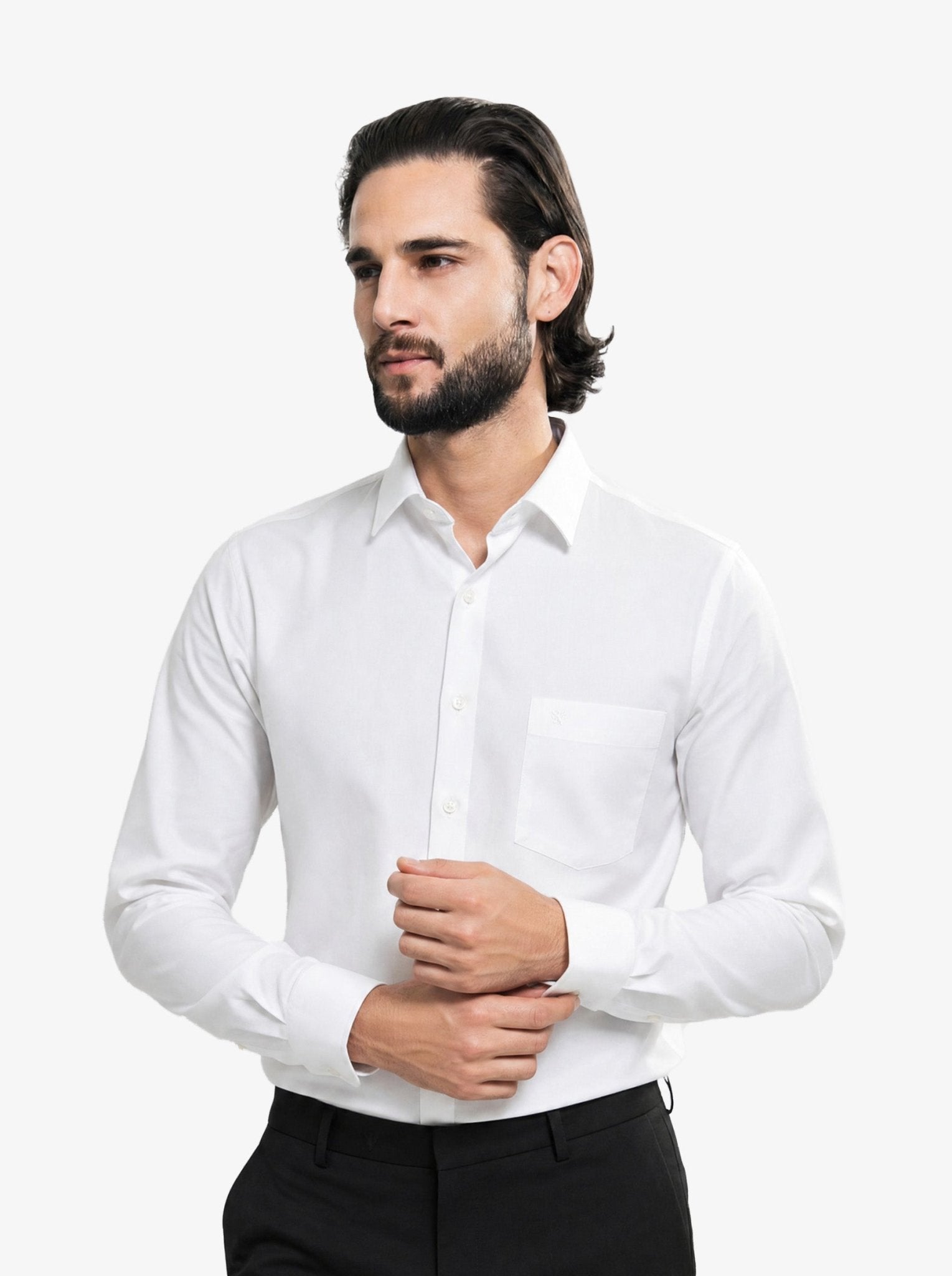 Manchester Camisa de Vestir Slim Fit Puños Convertibles - Mezcla de algodón color blanco para hombre