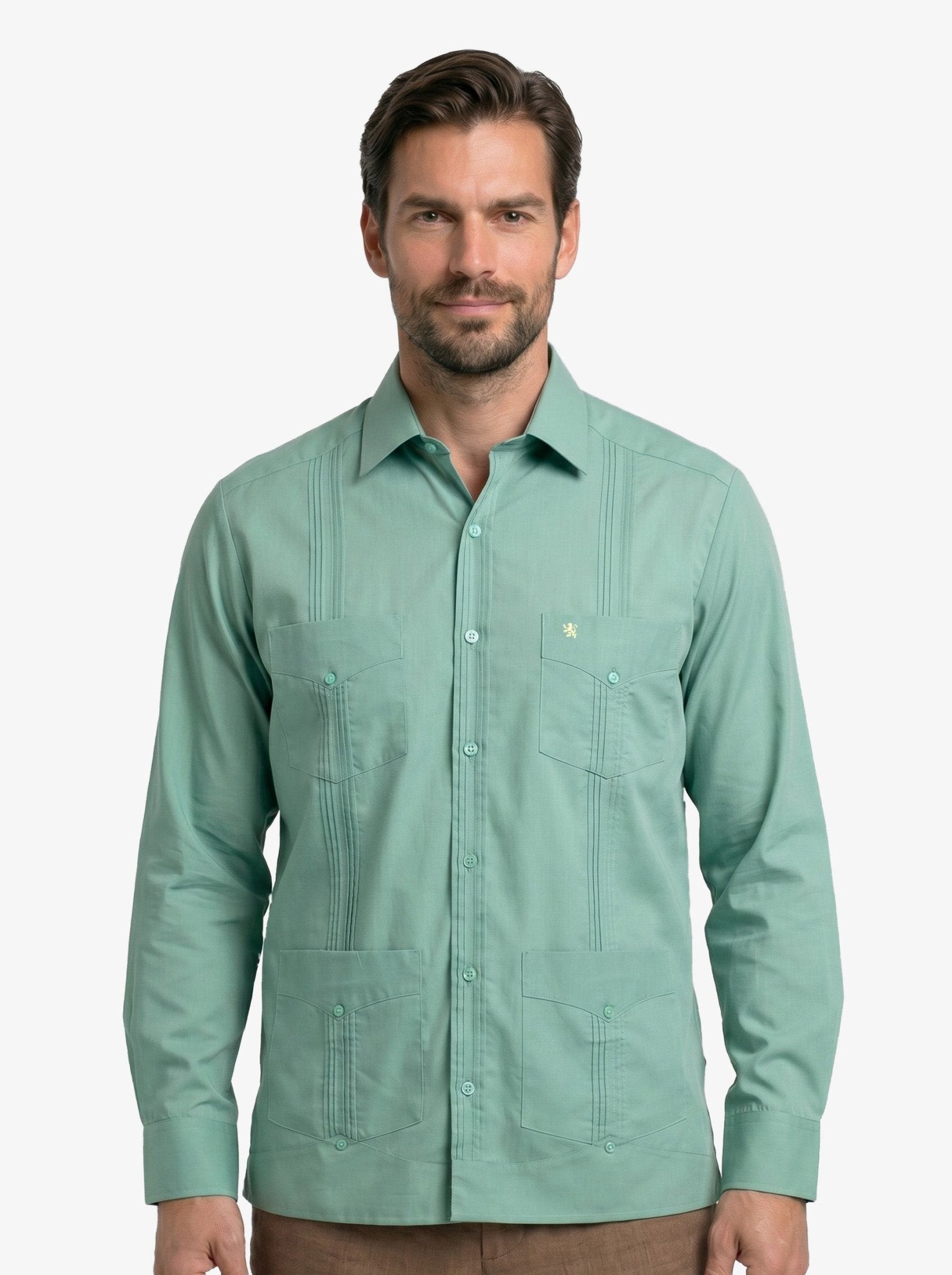 Manchester Camisa Guayabera 100% Algodón - Manga Larga color verde para hombre