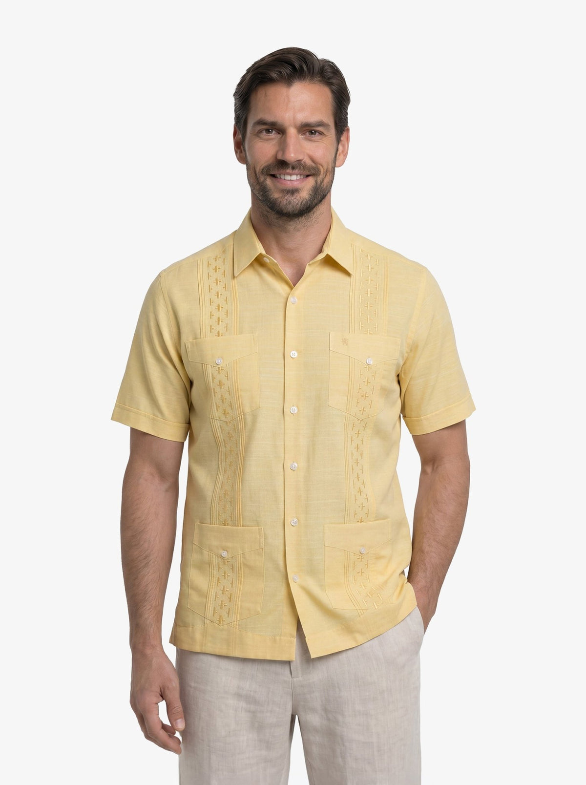 Manchester Guayabera Bordado Artesanal Vertical Alforzada - Manchester