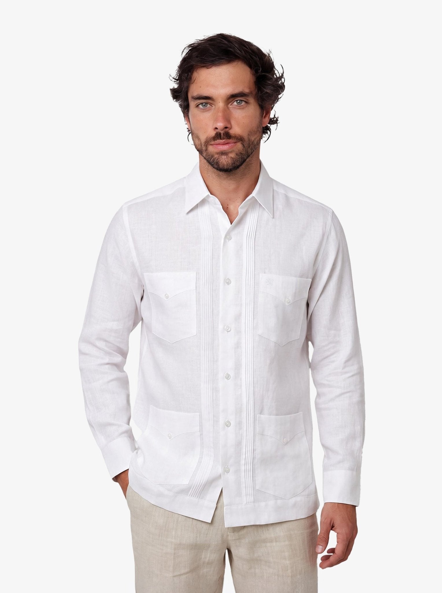 Manchester Guayabera Lino Puro Puño Convertible Tradicional Cuatro Bolsas Esencial - Manchester