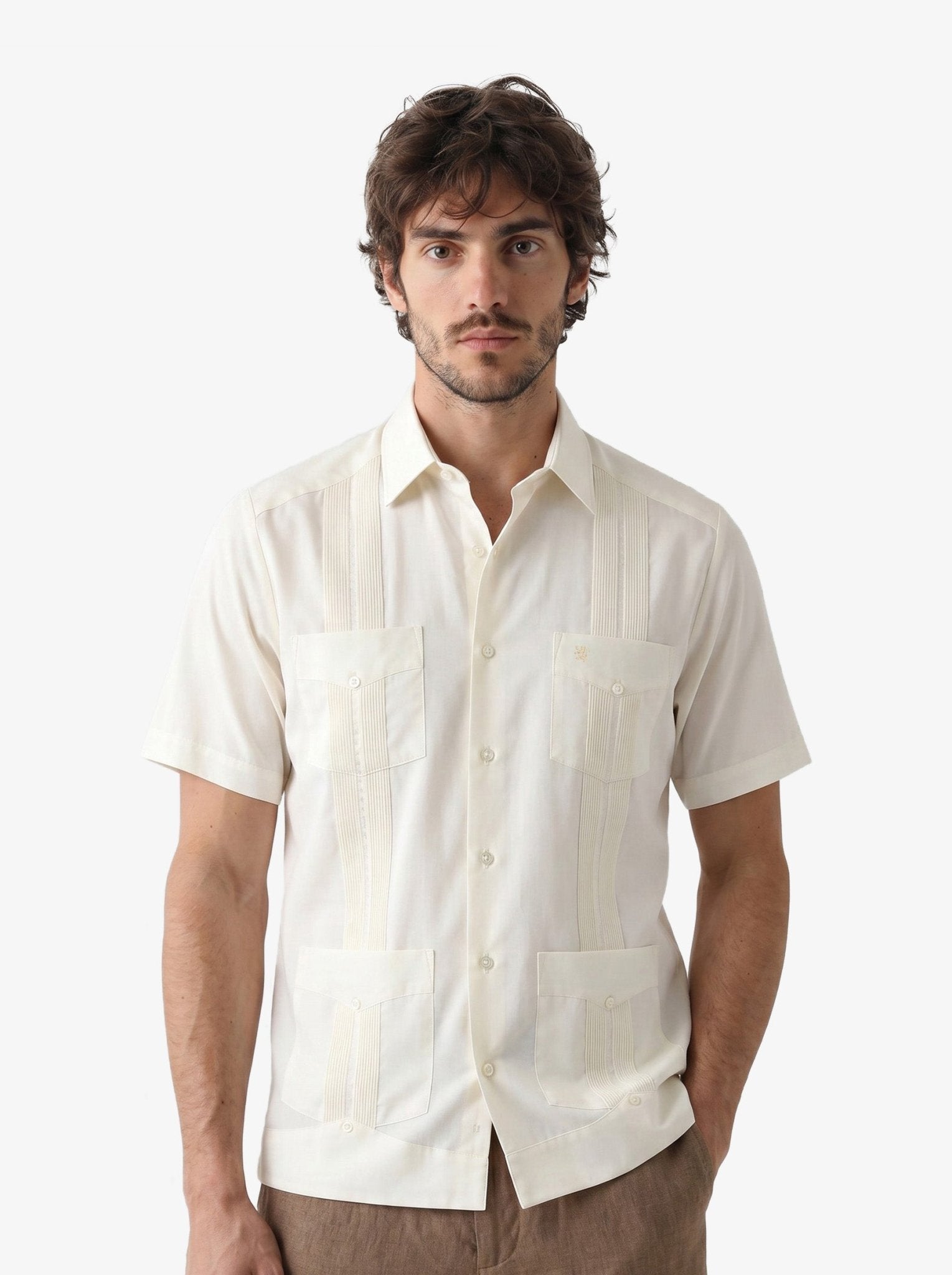 Manchester Guayabera Lisa Algodón y Poliéster color hueso para hombre