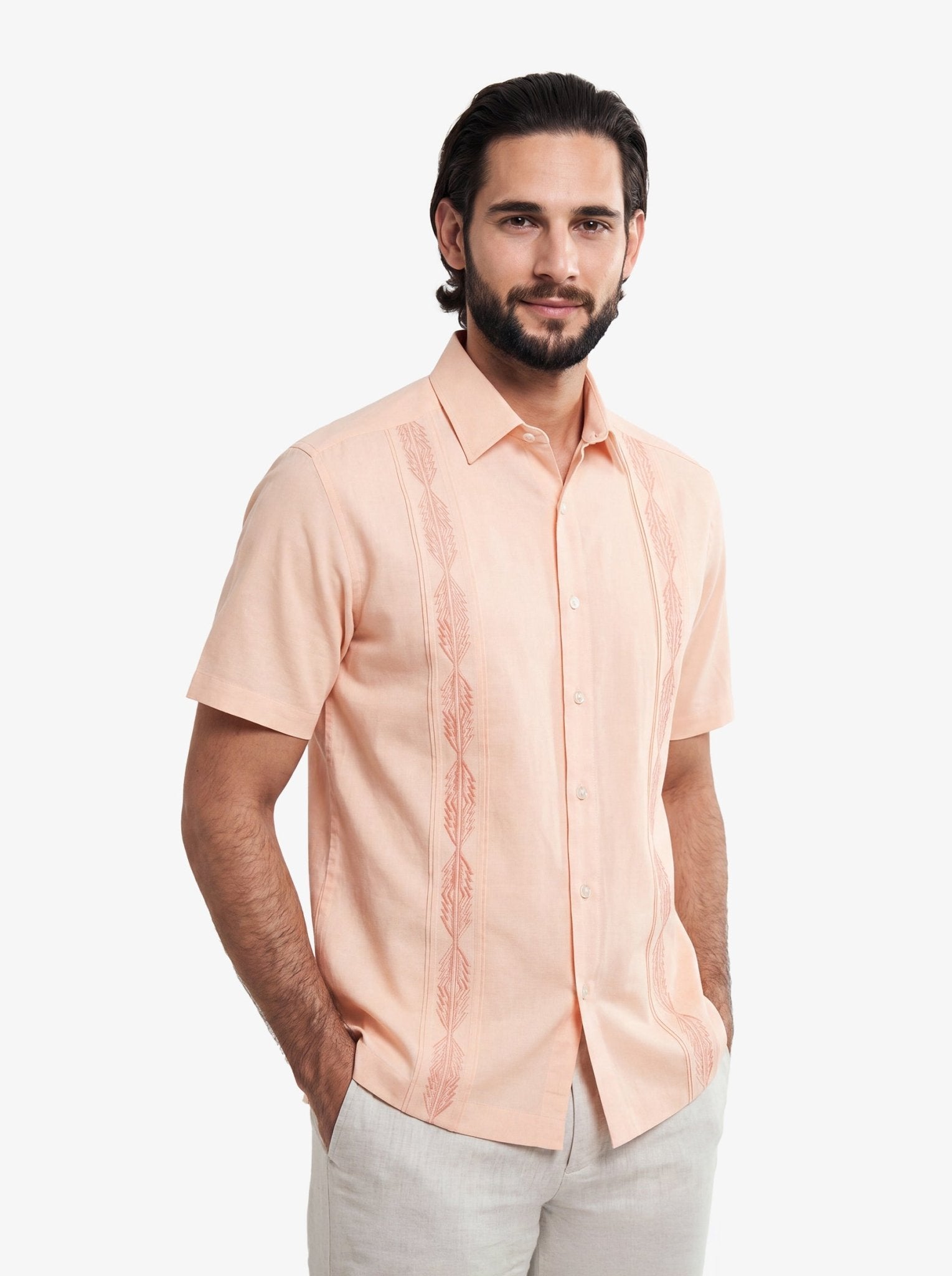 Manchester Guayabera Sin Bolsas Lino Bordado Artesanal - Manga Corta - Manchester