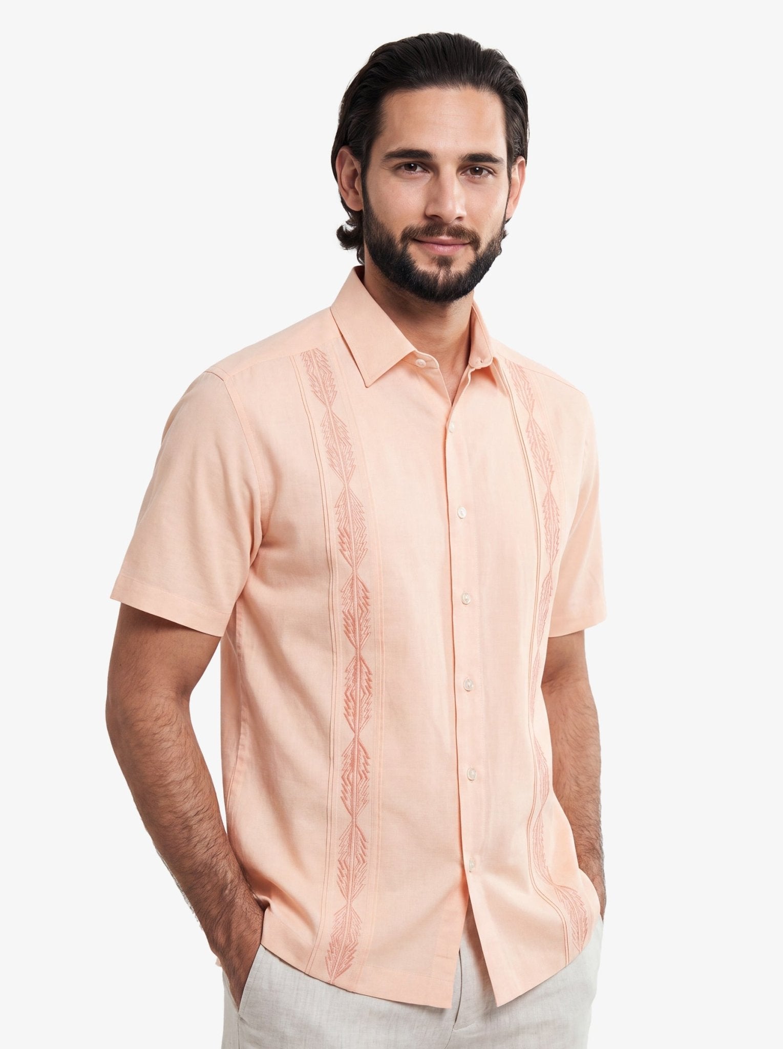 Manchester Guayabera Sin Bolsas Lino Bordado Artesanal - Manga Corta - Manchester