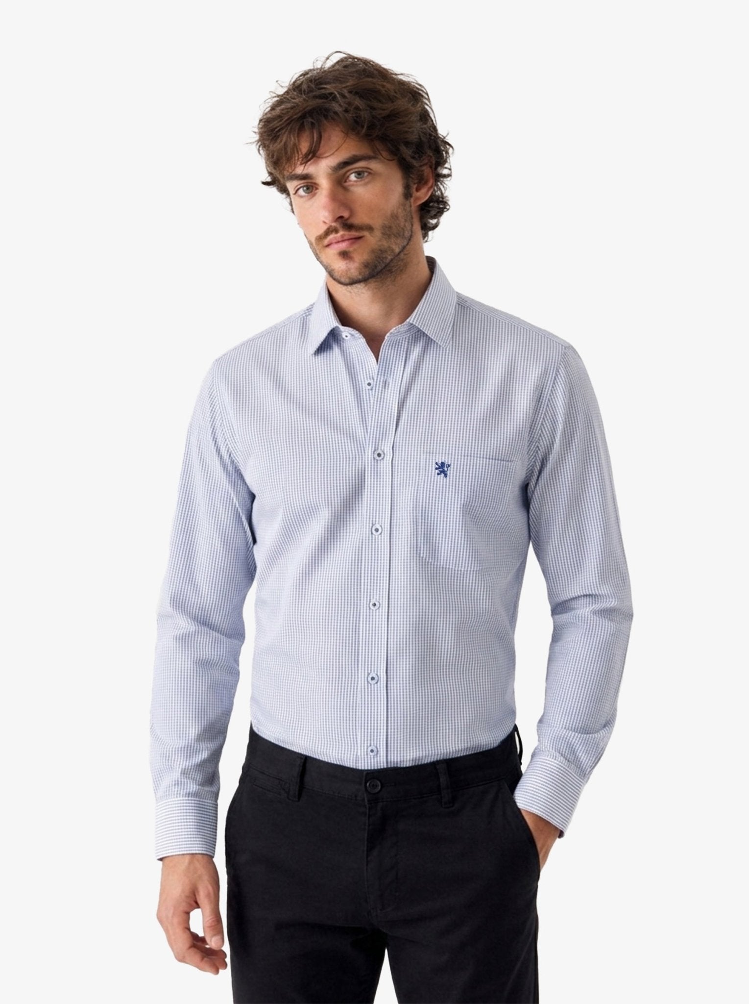Manchester Regular Fit Camisa de Vestir Manga Larga Cuello Roma en Algodón-Poliéster - Manchester
