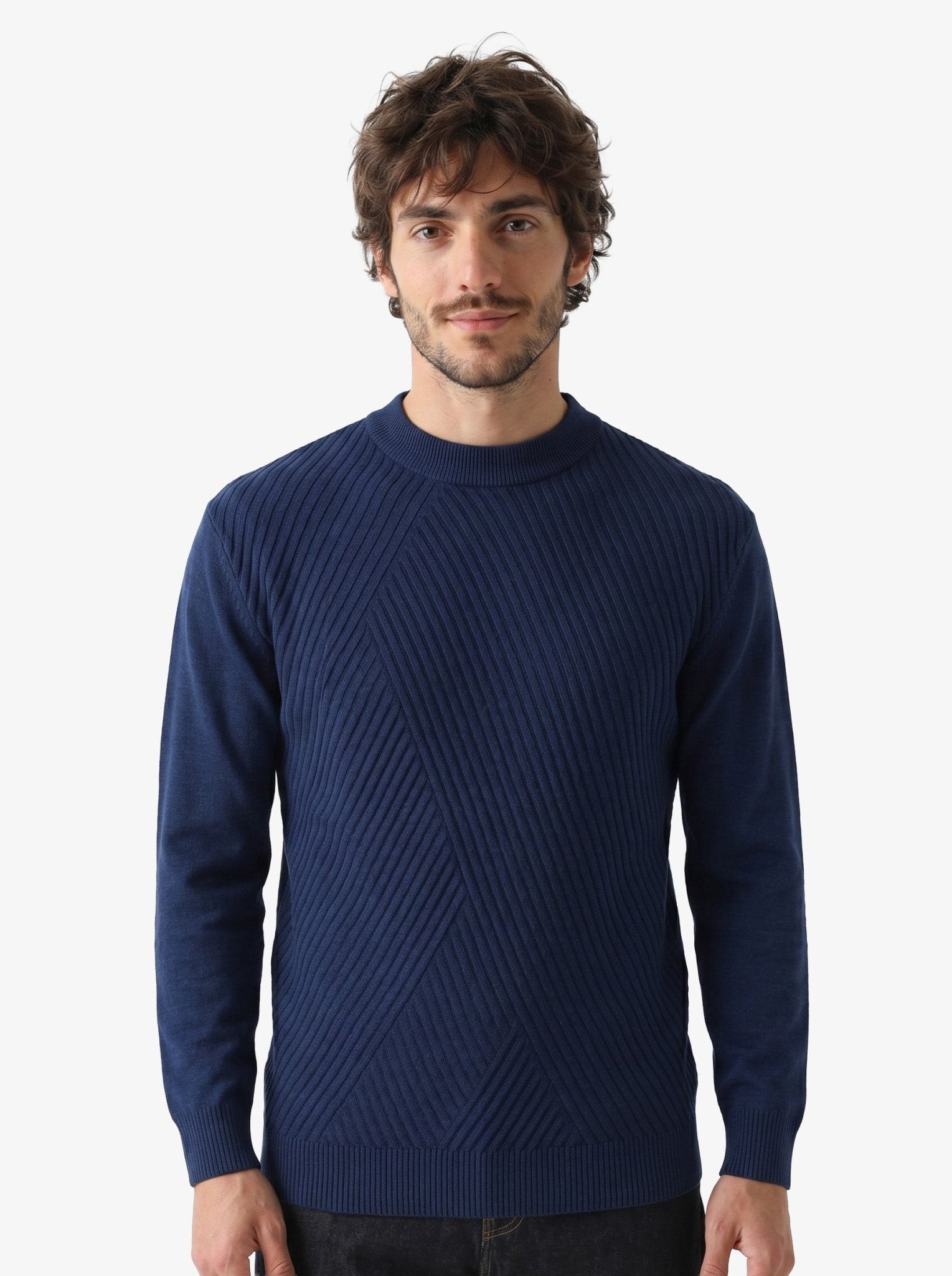Manchester Sweater con Cuello Redondo y Tejido de Líneas Inclinadas color marino jaspe para hombre