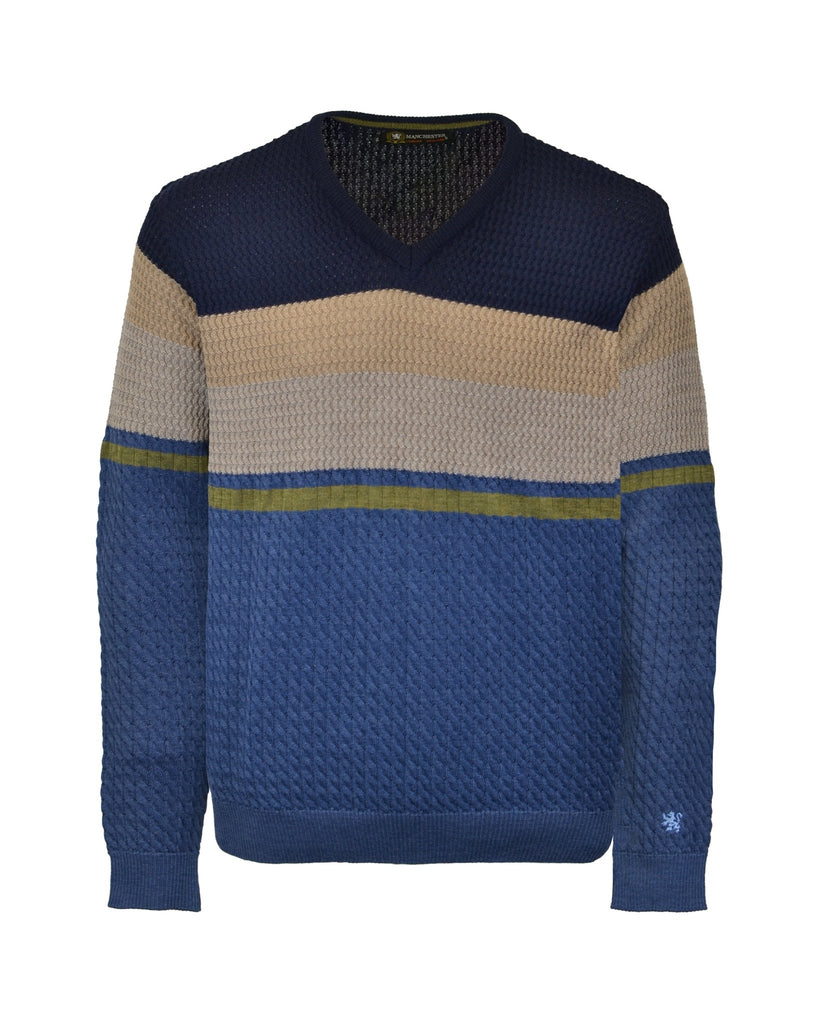 Manchester Sweater con Cuello V y Rayas Colorblock - Manchester